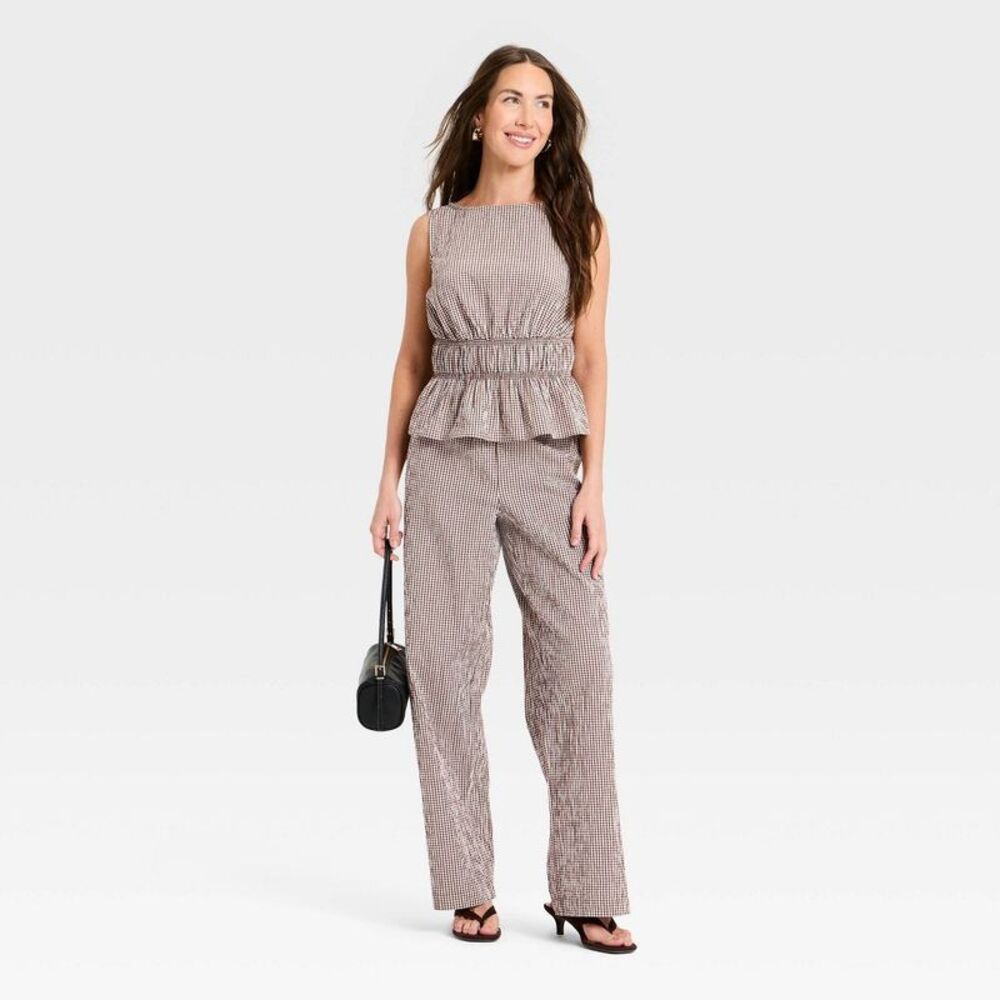 a new day Wide Leg Drawstring Pants in Brown Gingham - Picture 3 of 4